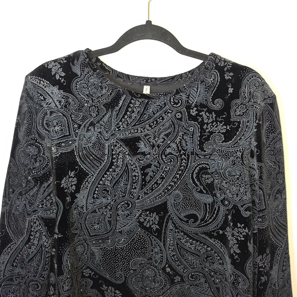 White Stag Black Paisley Velvet Long Sleeve Stretch Top Party Shimmer Size L
